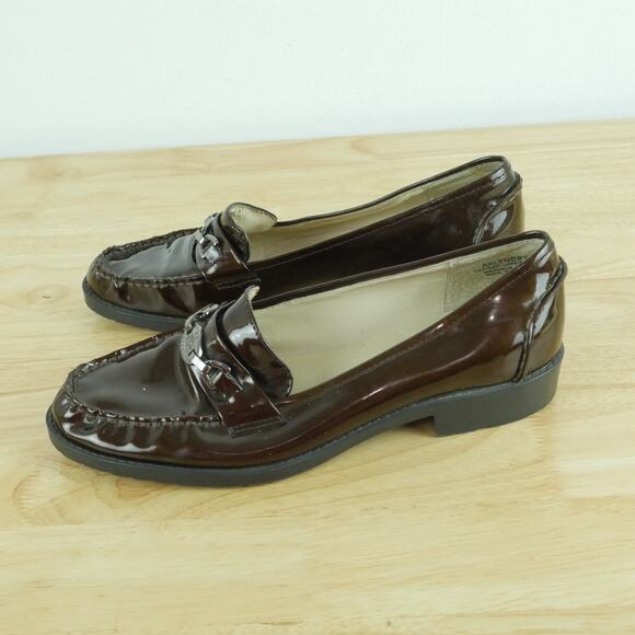 Womens 8 1/2 Loafers Brown Patent Leather Preppy Academia Minimal Slip On Flats - Picture 6 of 13